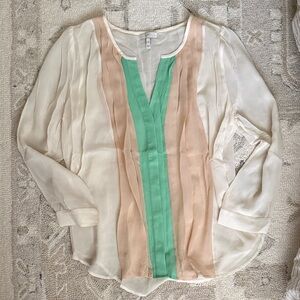 100% Silk Joie Sheer V-Neck Colorblock Blouse in Mint, Blush & Cream